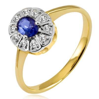 Pierścionek zaręczynowy z brylantami i naturalnym szafirem żółte i białe złoto 585