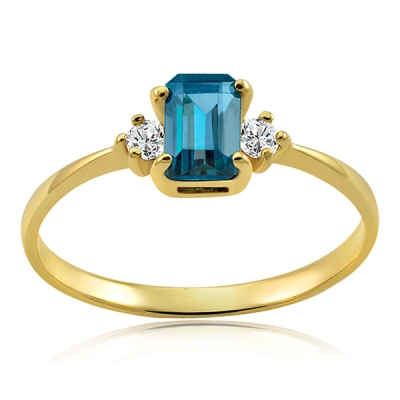 Pierścionek zaręczynowy z brylantami i naturalnym topazem london blue żółte złoto 585