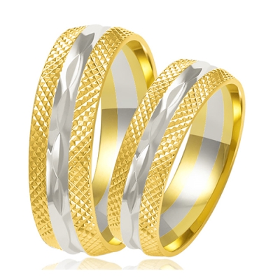 Złote Dwukolorowe Diamentowane Obrączki Ślubne 6,5mm Komplet pr.585