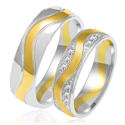Złote Obrączki Ślubne Dwukolorowe 5,5mm Ozdobione  Brylantami Komplet  pr.585