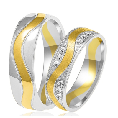 Złote Obrączki Ślubne Dwukolorowe 5,5mm Ozdobione  Brylantami Komplet  pr.585