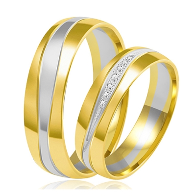 Złote Obrączki Ślubne Dwukolorowe 5mm Ozdobione  Brylantami Komplet  pr.585