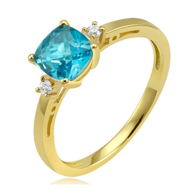 Pierścionek z cyrkonią cushion swiss blue topaz żółte złoto 375