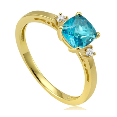 Pierścionek z cyrkonią cushion swiss blue topaz żółte złoto 375