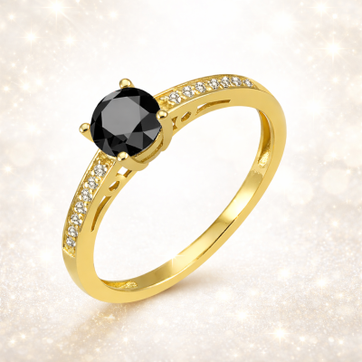 Pierścionek zaręczynowy z czarnym diamentem i brylantami żółte złoto 585