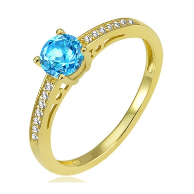 Pierścionek zaręczynowy z brylantami i topazem swiss blue żółte złoto 585