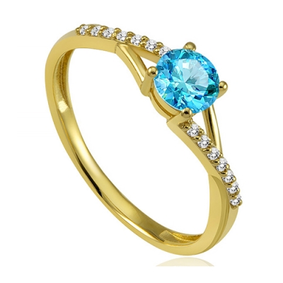 Pierścionek zaręczynowy brylantami i topazem swiss blue żółte złoto 585