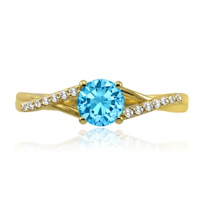 Pierścionek zaręczynowy brylantami i topazem swiss blue żółte złoto 585