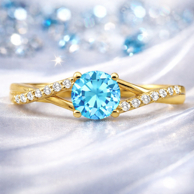 Pierścionek zaręczynowy brylantami i topazem swiss blue żółte złoto 585